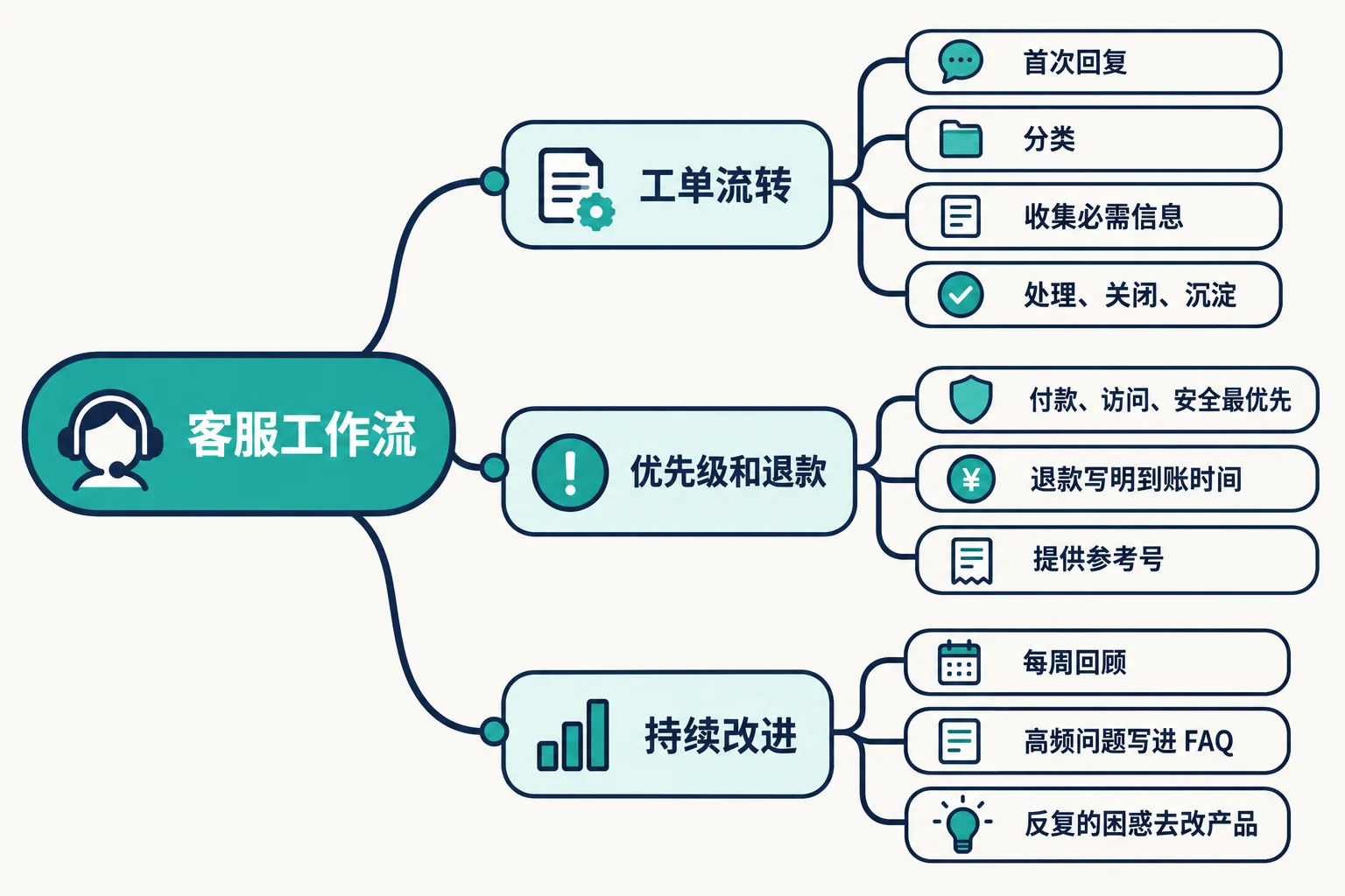客服工作流：怎么处理问题、退款和反馈 思维导图