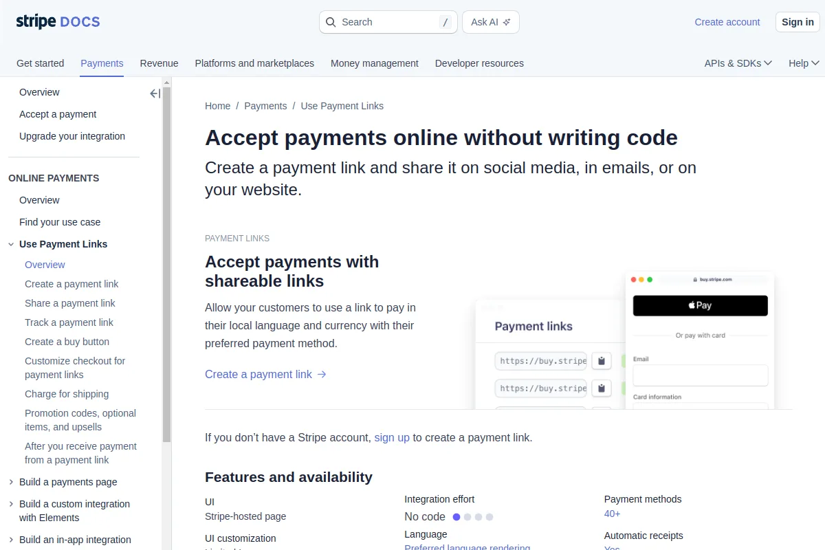 Stripe Payment Links 文档截图