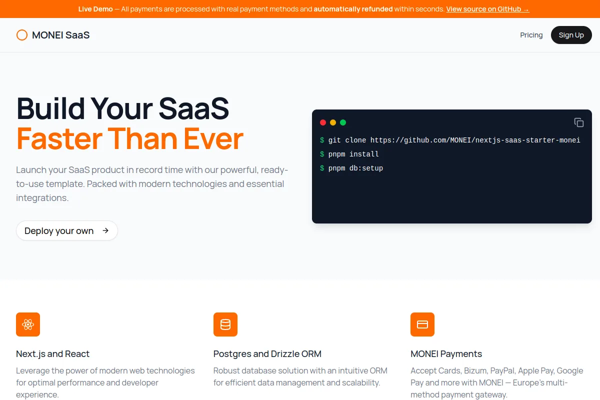 nextjs-saas-starter-monei 首页或项目页面截图